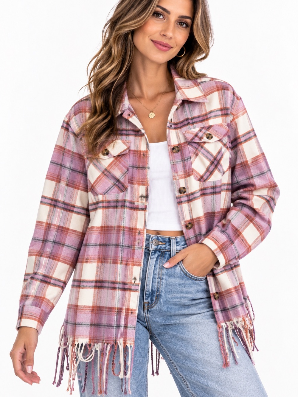 087.New Plaid Fringe Button-Up Shacket - Pink Plaid